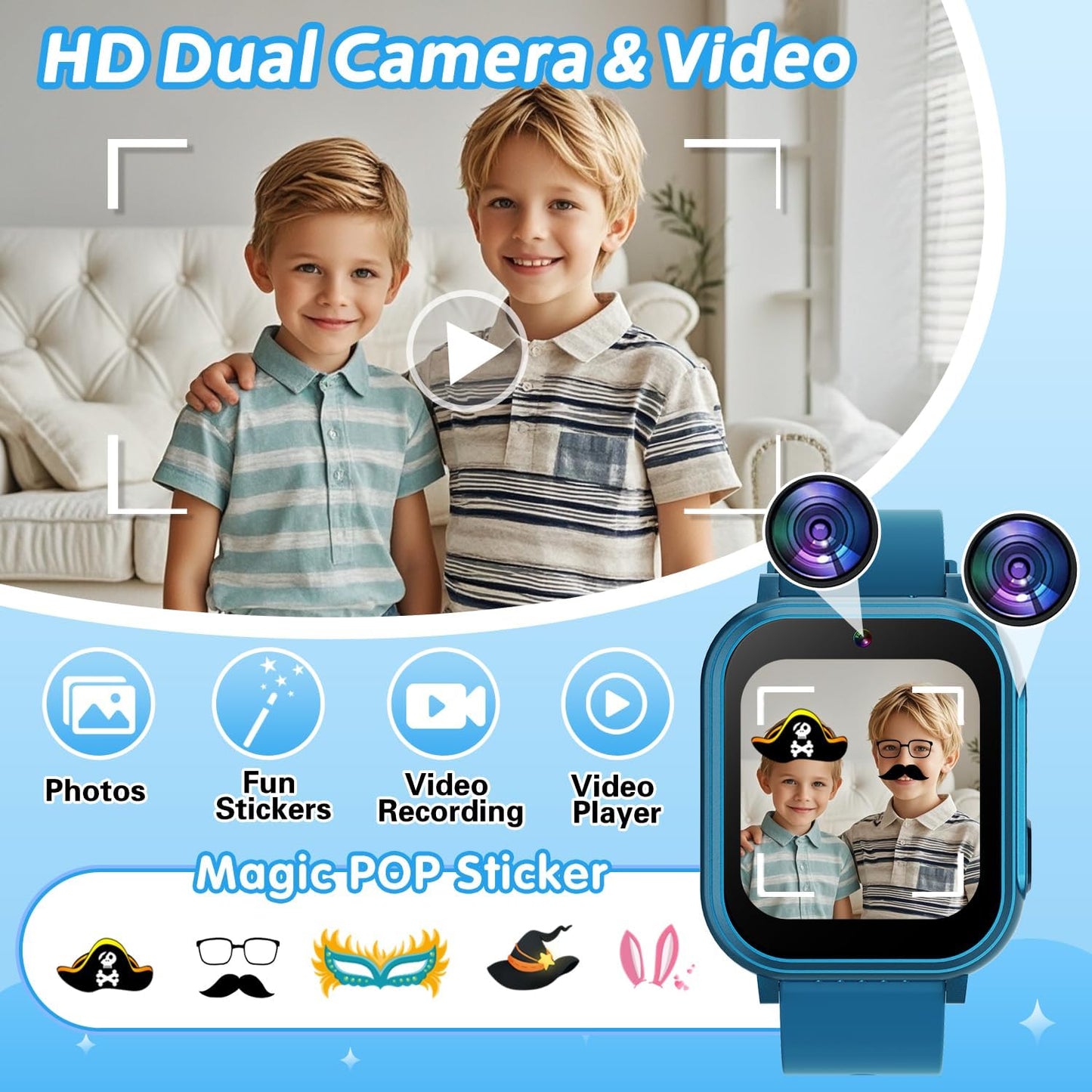 Kids Waterproof Smart Watch with 32 Games HD Touchscreen Dual Camera Music Player Pedometer Flashlight Habit Tracking Learn Card Toy for Boys, Birthday Gifts for Boys Girls 4 5 6 7 8 Year Old