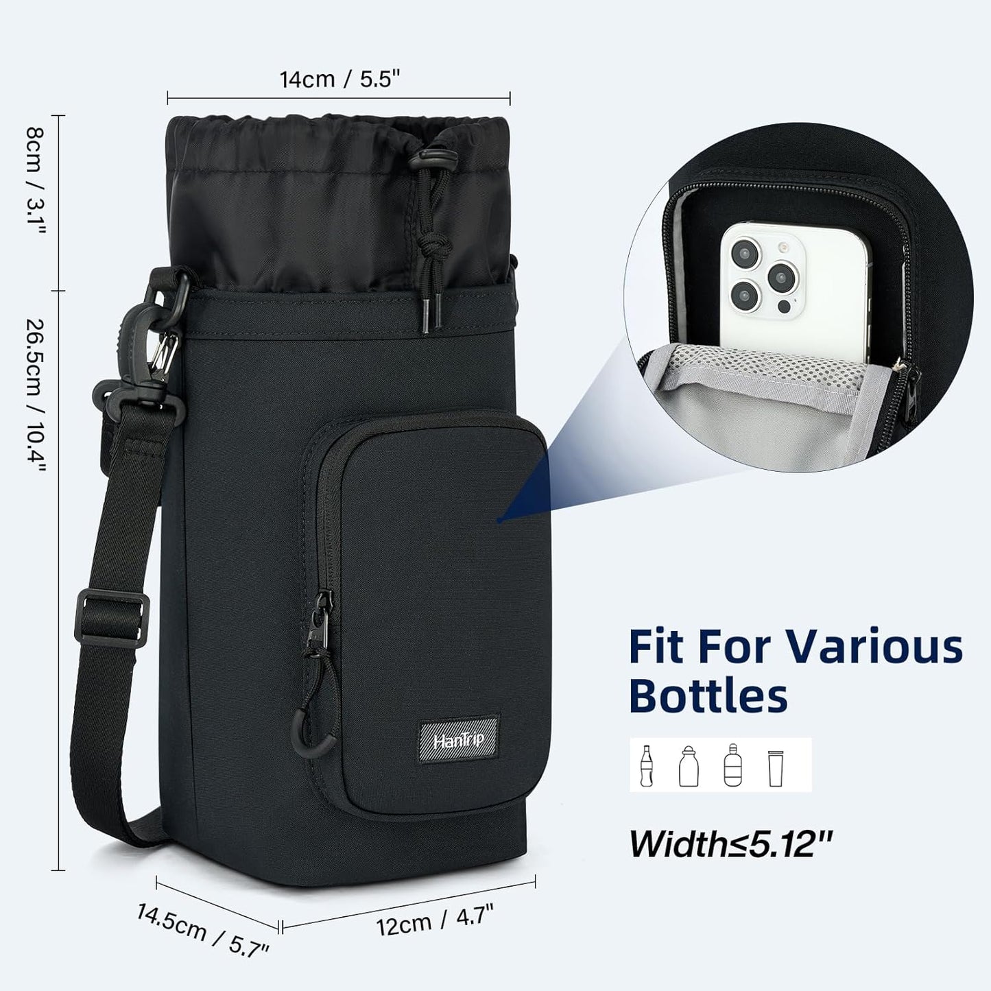 Insulated Water Bottle Carrier Bag with Strap Phone Pocket for 25/32/40/64 oz Tumbler Cup, Water Bottle Holder