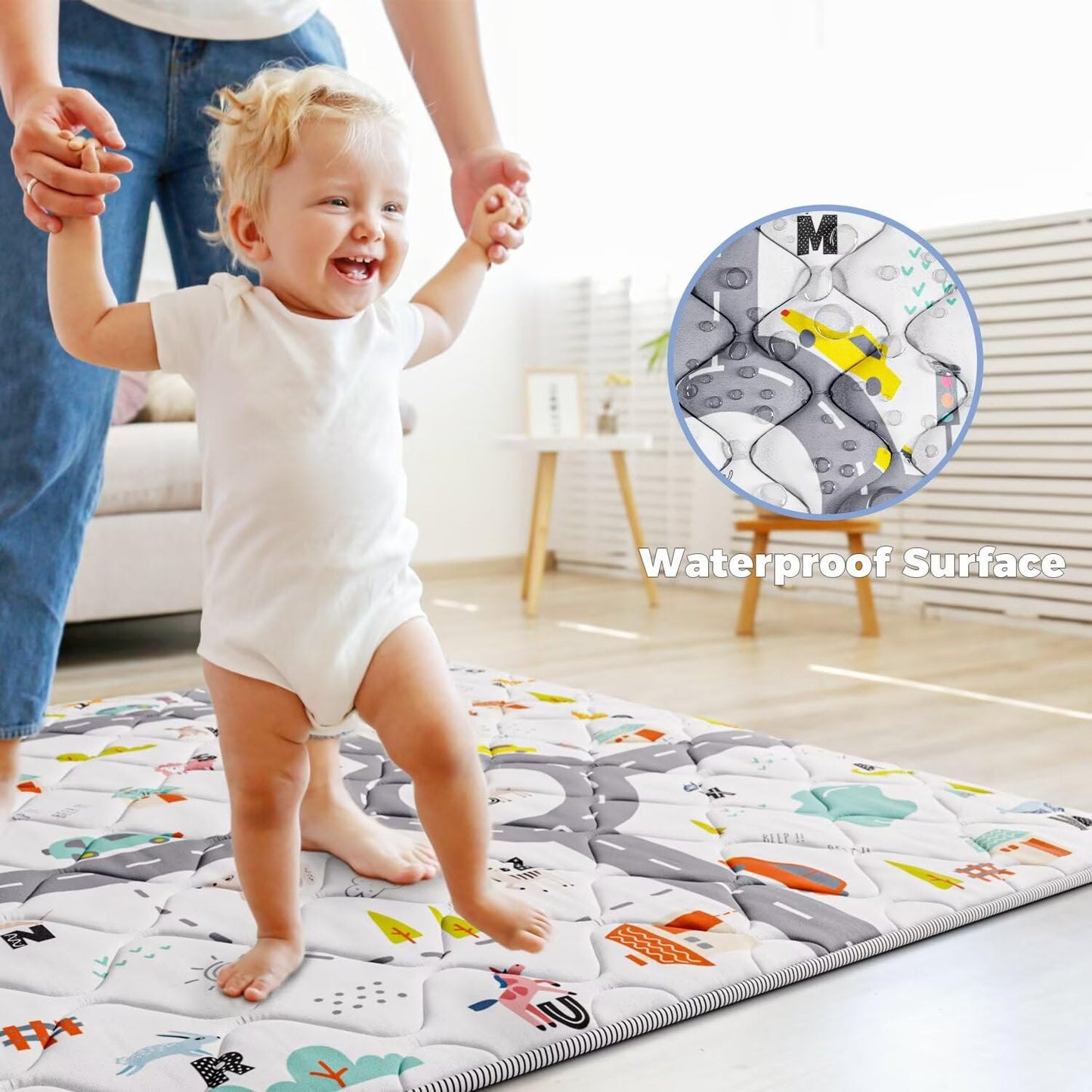 Car Portable Baby Play Mat 50x50 Playpen Mat Upgraded Thicken Baby Floor Play Mat Non-Slip Cushioned Crawling Mat Waterproof Activity Playmats for Babies Toddlers Infants (50x50, Letter Car)
