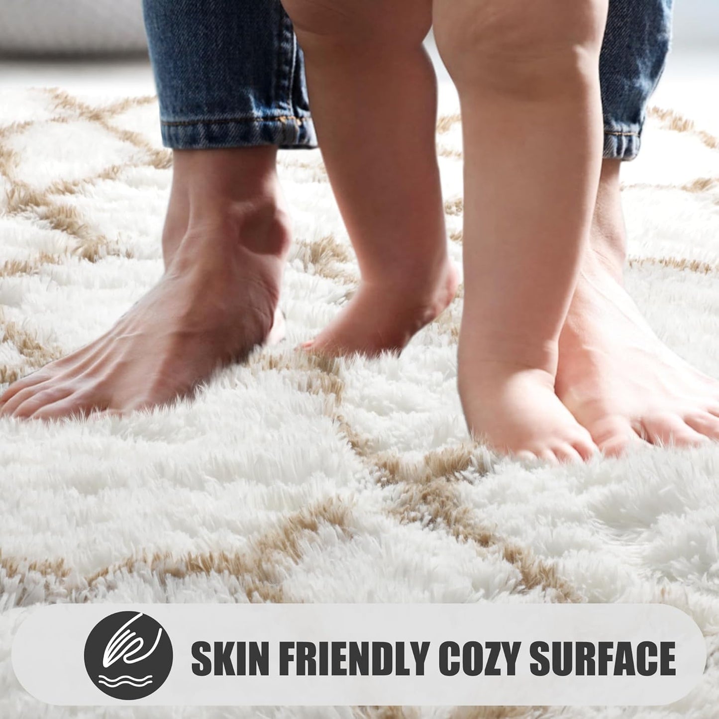 ONASAR Large Living Room Area Rug 6x9, White and Beige Geometric Rugs Floor Mat for Bedroom Home Decor Aesthetic, Soft Fuzzy Shaggy Plush Fluffy Moroccan Carpet for Dorm Classroom Farmhouse