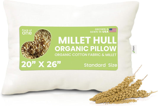 Bean Products 20" x 26" Standard Bed Pillow for Sleeping – Organic Millet Fill with Organic Cotton Fabric, Soft Head Pillow – Eco-Friendly, Breathable, and Durable Sleep Aid, Made in The USA