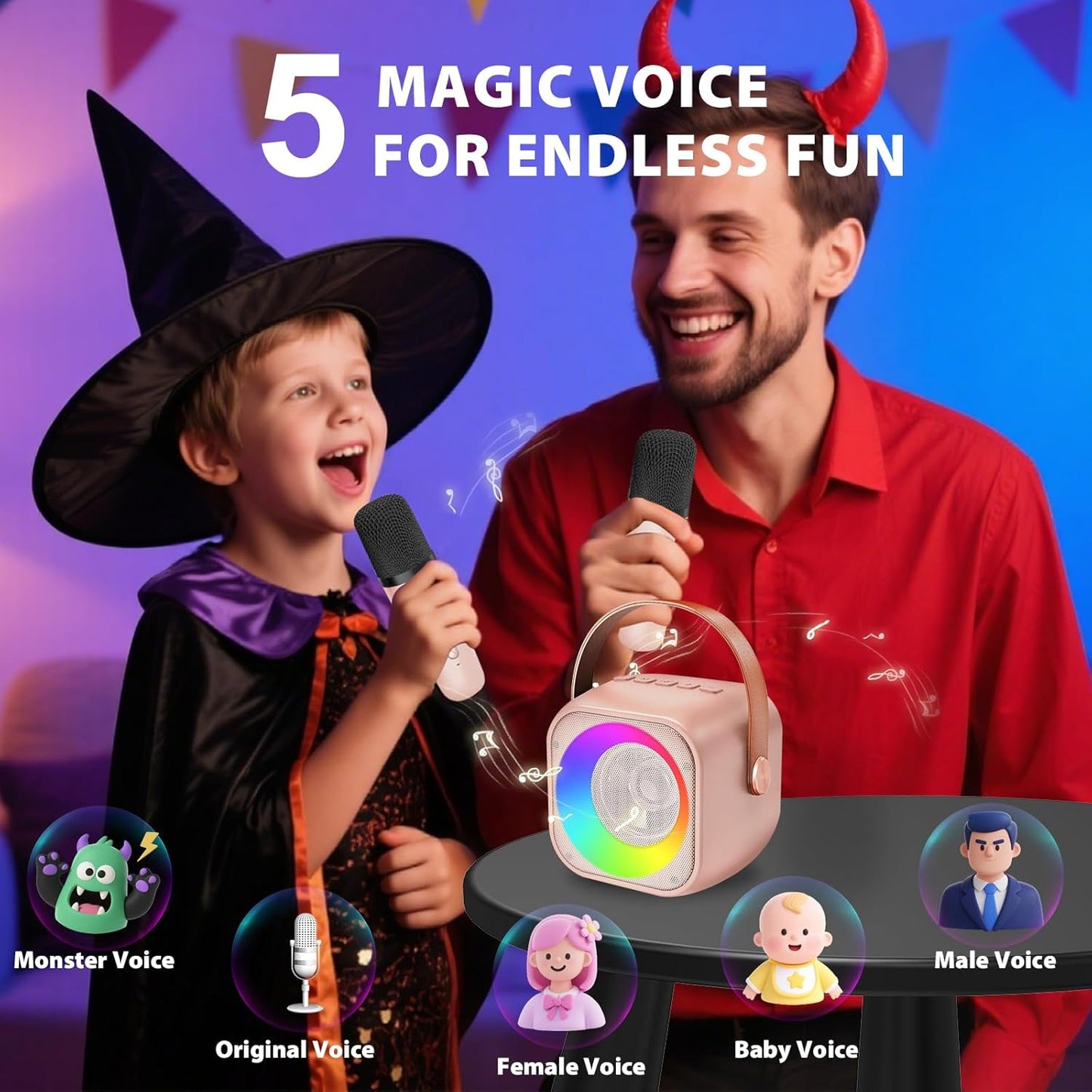 Mini Karaoke Machine for Kids Adults, Portable Bluetooth Speaker with 2 Wireless Microphones, Microphone and Speaker Set with Disco Light for Home Party Christmas Birthday Gift for Girls Boys