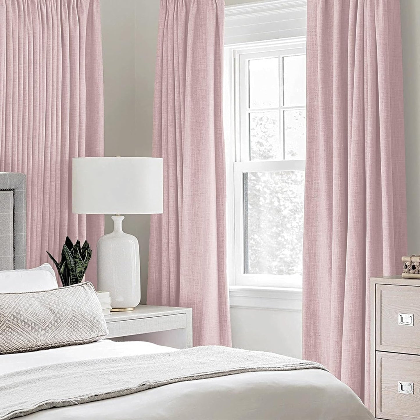 MIULEE Linen Texture Curtains for Bedroom Solid 100% Blackout Thermal Insulated Pink Curtains Grommet Room Darkening Drapes for Living Room Nursery 52x63 Inch (2 Panels)