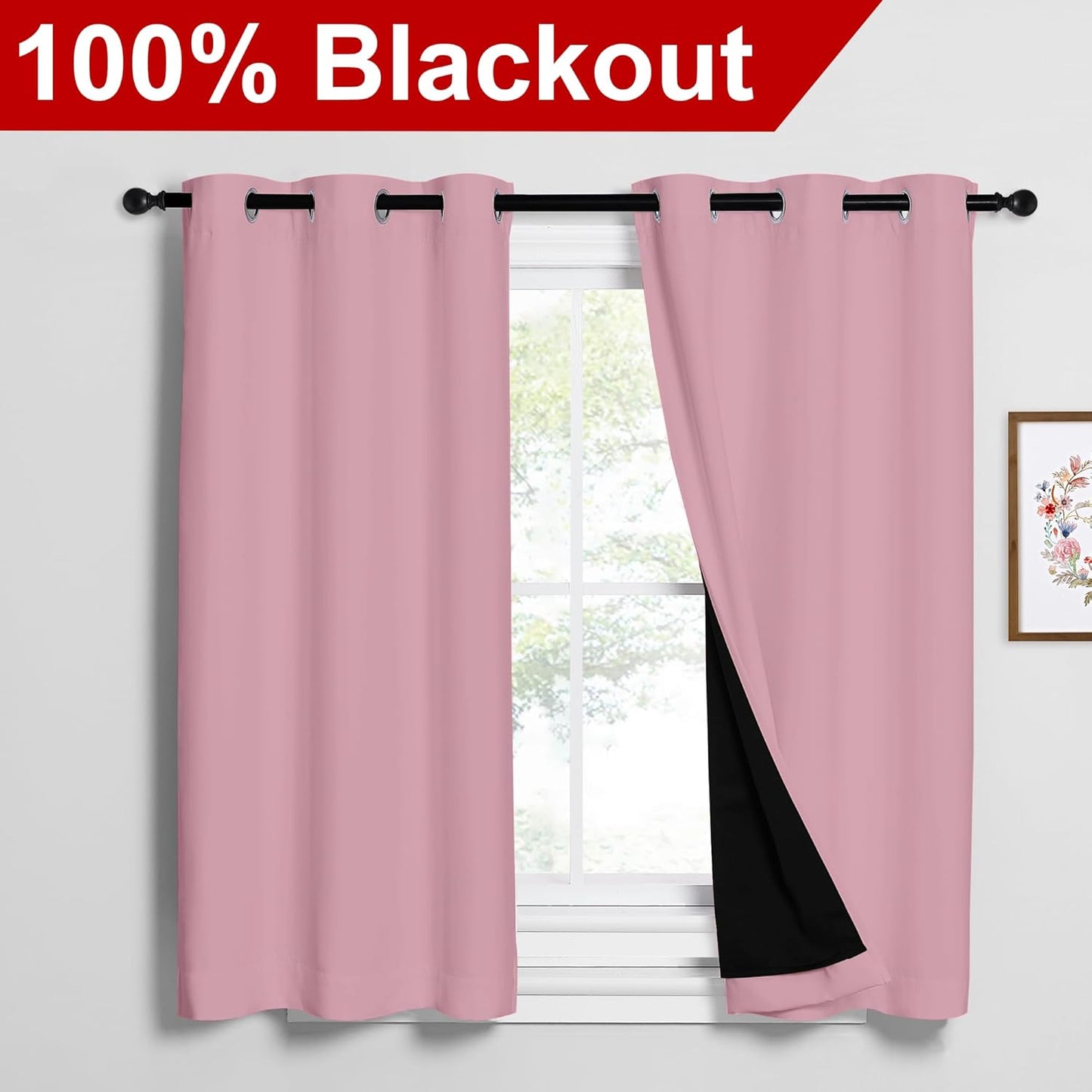 NICETOWN 100% Blackout Short Curtains with Black Liners, 2 Panels, 37" W by 50" L, Crystal Pink, Thermal Insulated Full Blackout 2-Layer Lined Drapes, Energy Efficiency Window Draperies for Bedroom