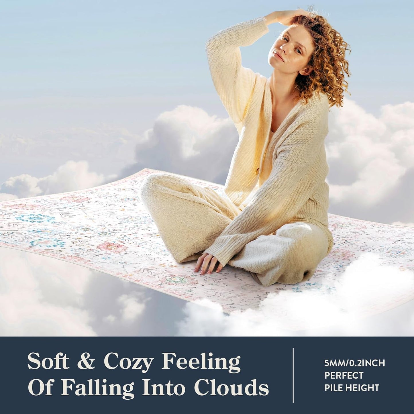 Lahome Soft Nursery Rug, Washable Area Rugs 5x7 for Cozy Kids Room, Lightweight Boho Carpet for Dorm with Non Slip Backing, Non Shedding Easy Care Floral Simple Carpets for Bedroom Living Room, Beige