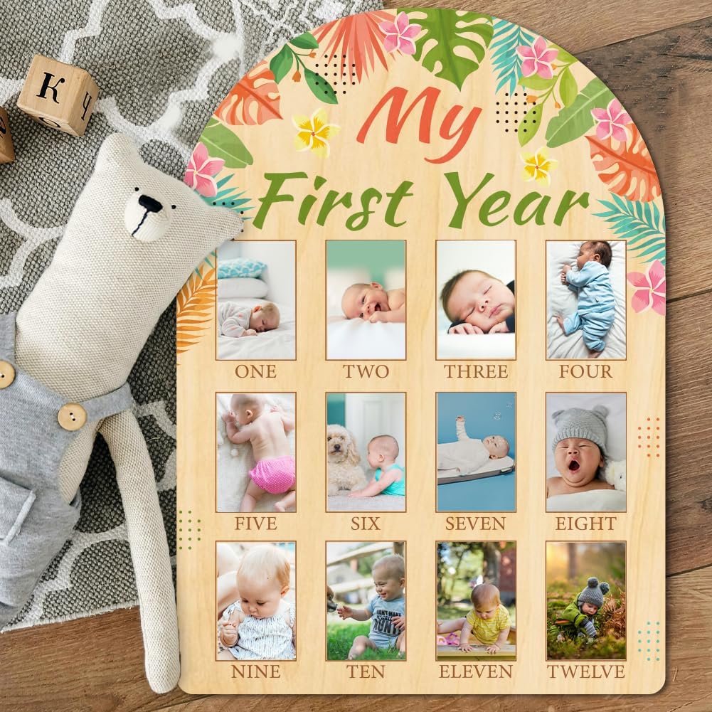 ORIGACH My First Year Baby Growth Photo Display Wood Board - 12 Months Newborn Milestones Photo Board - Neutral Baby Keepsake Board 1st Birthday Party Nursery Decor New Mom Gift - Tropical Leaves
