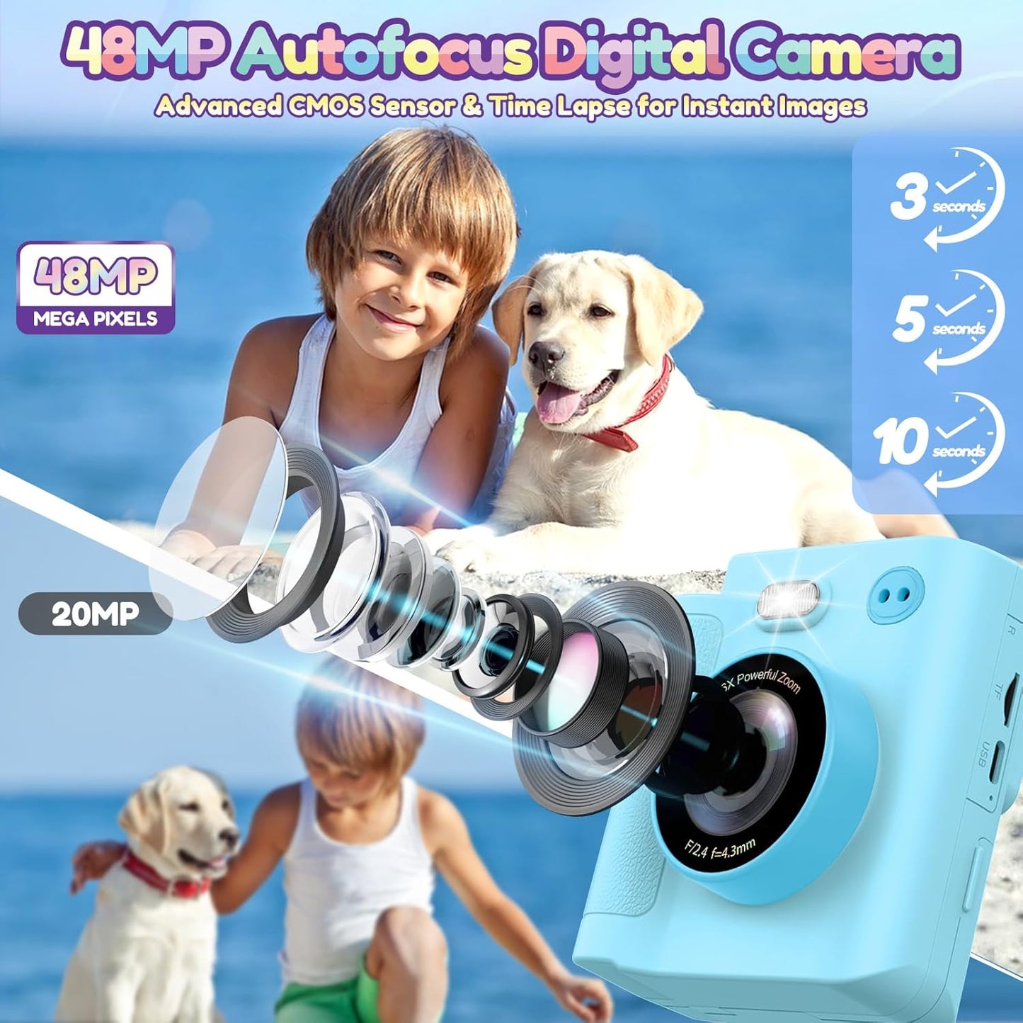 Gift for 3-12 Year Old Boys Girls: Kids Camera Digital Instant Print Dual HD Video Camera Toys for Kids Teen Boys Girls Ages 3 4 5 6 7 8 9 10 Birthday Christmas Valentines Gifts with 32G SD Card Blue