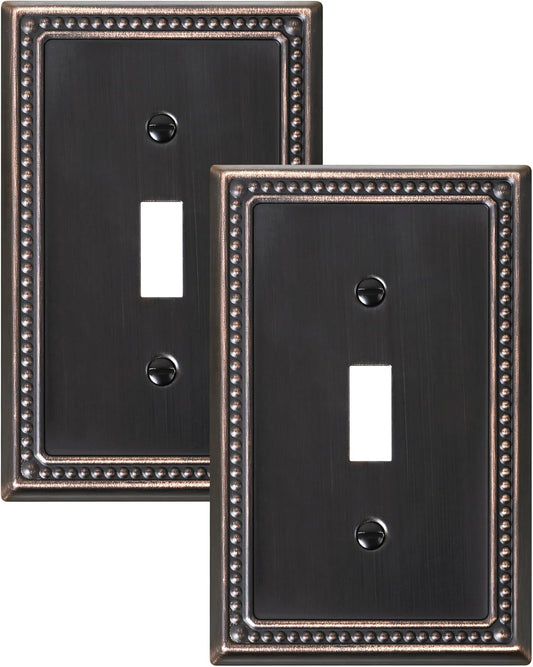2-Pack Single Toggle Light Switch Cover Plate, Pearls Decorative Switch Plate Covers, Aged Bronze 1 Gang Metal Wall Plate, Corrosion Resistant