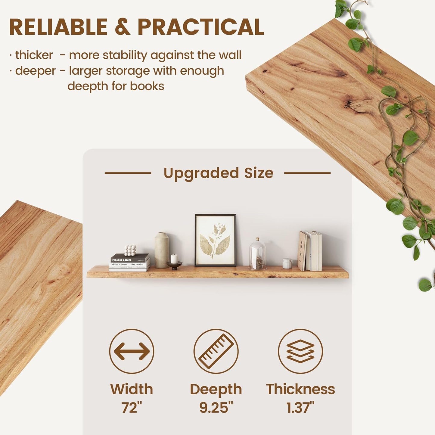 Rustic Elm Wood Floating Shelf for Wall, Live Edge 72"W x 9.2"D x 1.4"H, 1 Pack with Invisible Bracket, Large Wall Mounted Storage Shelf for Living Room Bedroom Kitchen Bathroom Decor, Natural Finish