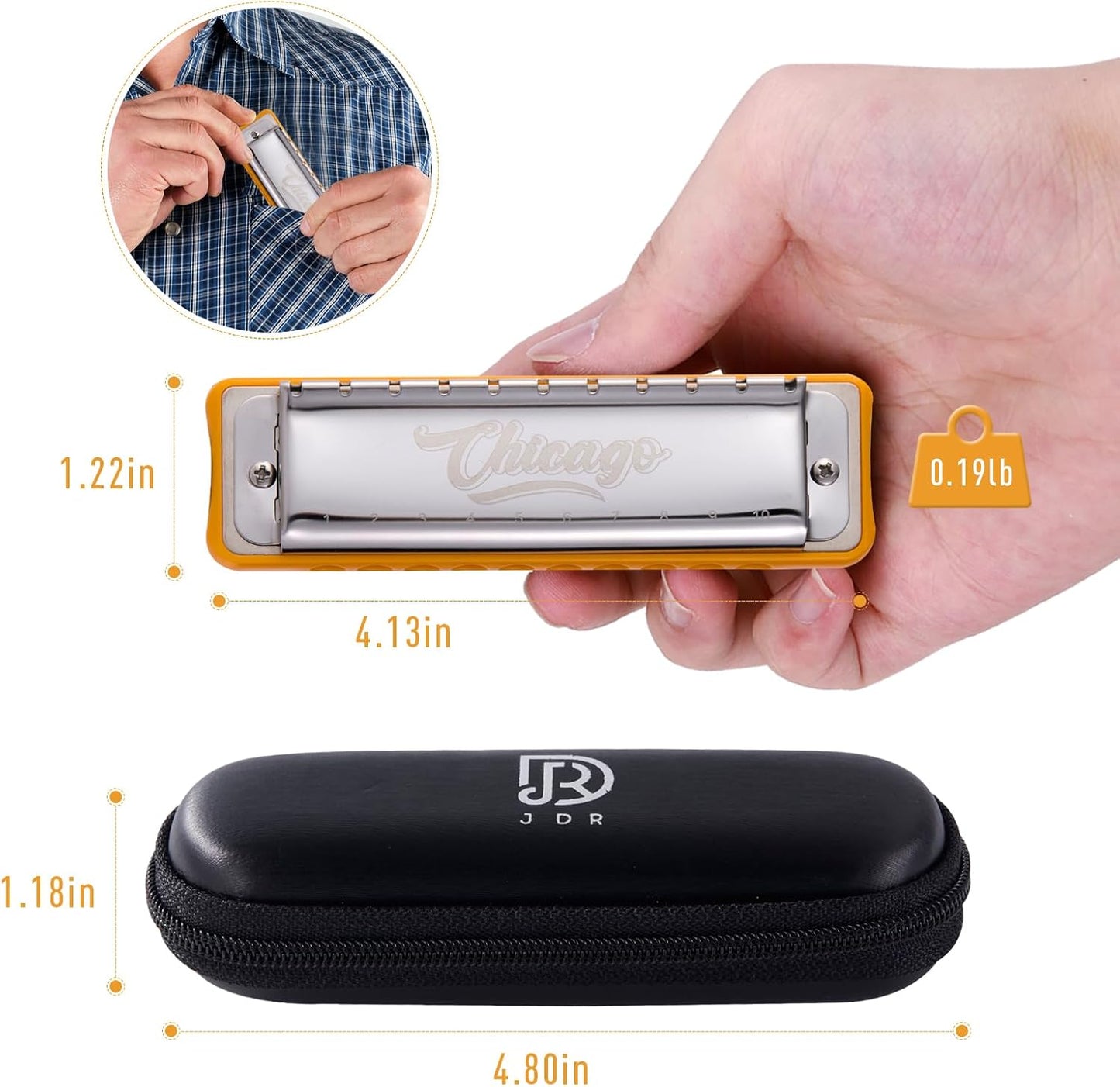 Harmonica JDR Blues key of D 10 Holes 20 Tones Harps Armonica for Adults Kids Professional Beginners Mini Mouth Organ with Case Chicago