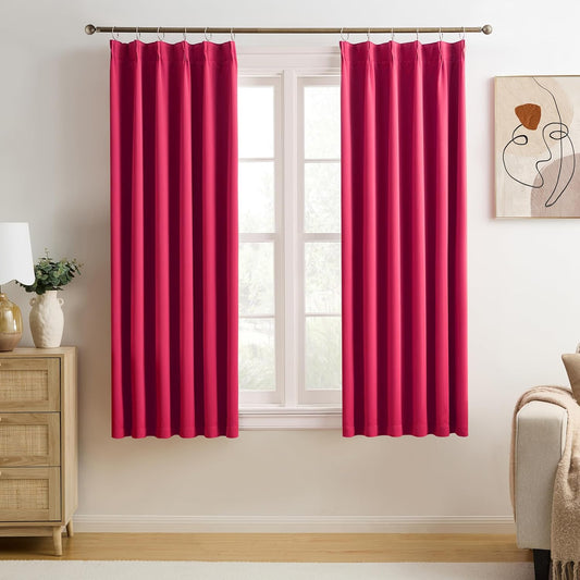 KEQIAOSUOCAI Pinch Pleated Hot Pink Blackout Curtains Short 2 Panels Set 45 Inch Length for Small Windows, Sound & Light Reducing Room Darkening Drape for Bathroom Bedroom(Hot Pink, 2 PCs, W40 x L45)