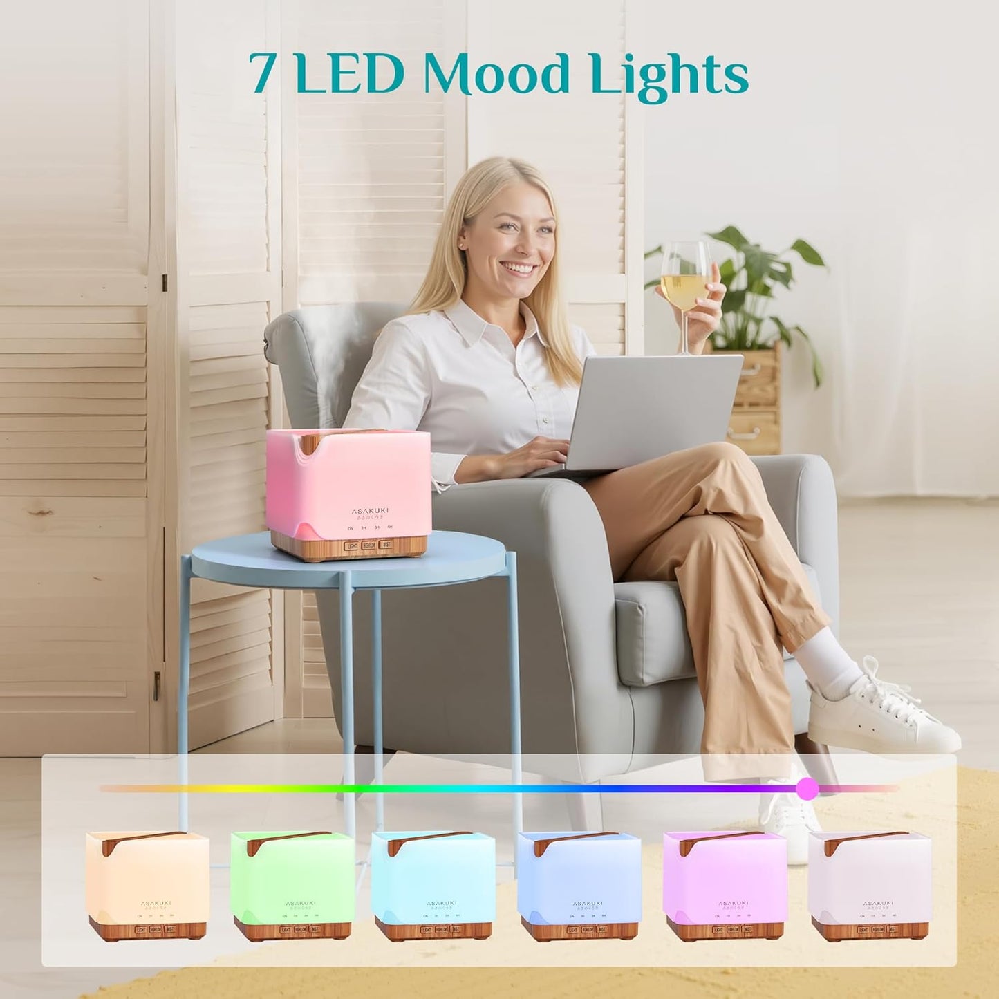 ASAKUKI Essential Oil Diffuser 700ml, Ultrasonic Aromatherapy Humidifier with Top 6 Essential Oils Set, 7 LED Colors, Timer & Auto-Off, Large Room Diffuser