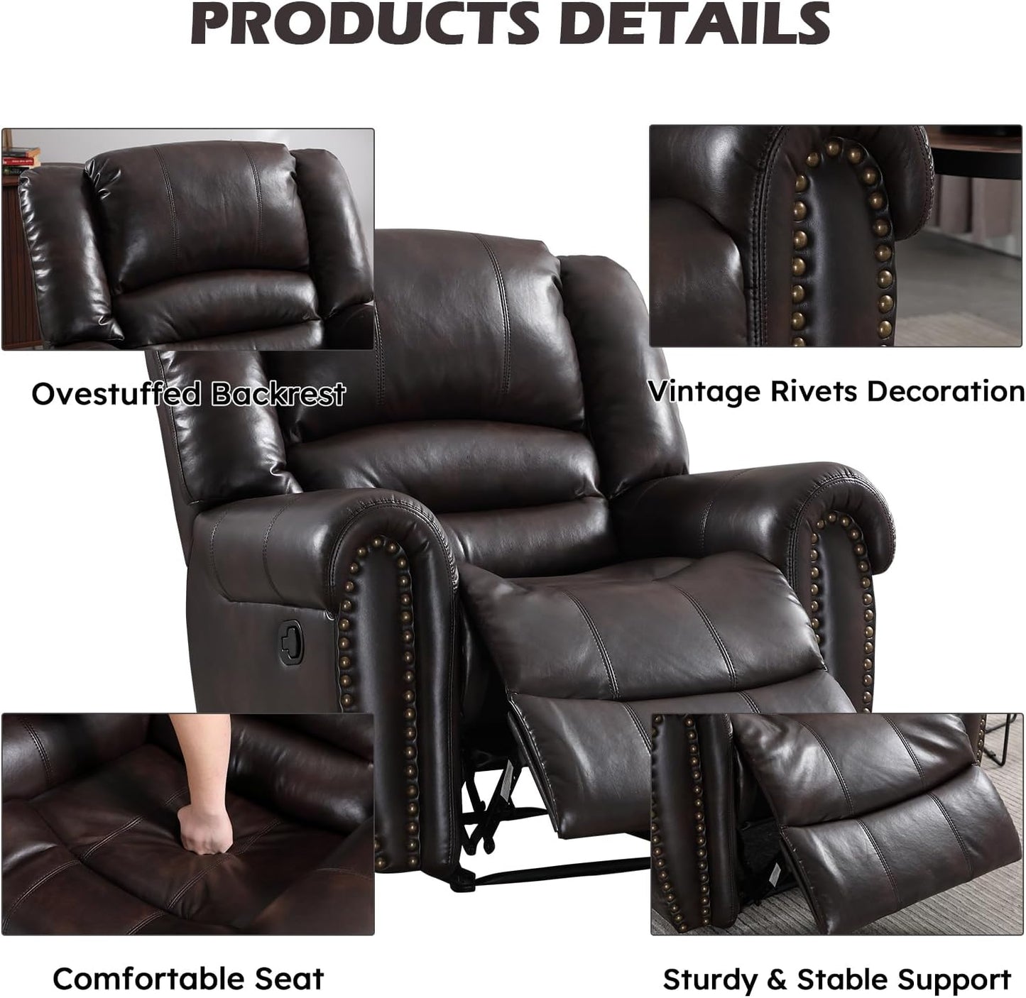 CANMOV Leather Recliner Chair Set of 2, Classic and Traditional Manual Recliner Chair with Comfortable Arms and Back,Manual Single Recliner Sofa for Living Room, Dark Brown