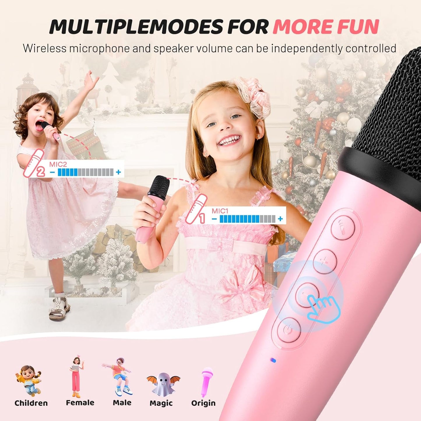 SUDOTACK Mini Karaoke Machine for Kids, Portable Bluetooth Karaoke Speaker with 2 Wilreless Microphones with LED Lights, Christmas Kids Toys Gifts for Girls 4, 5, 6, 7, 8, 9, 10 +Year Old-Pink(KM100)