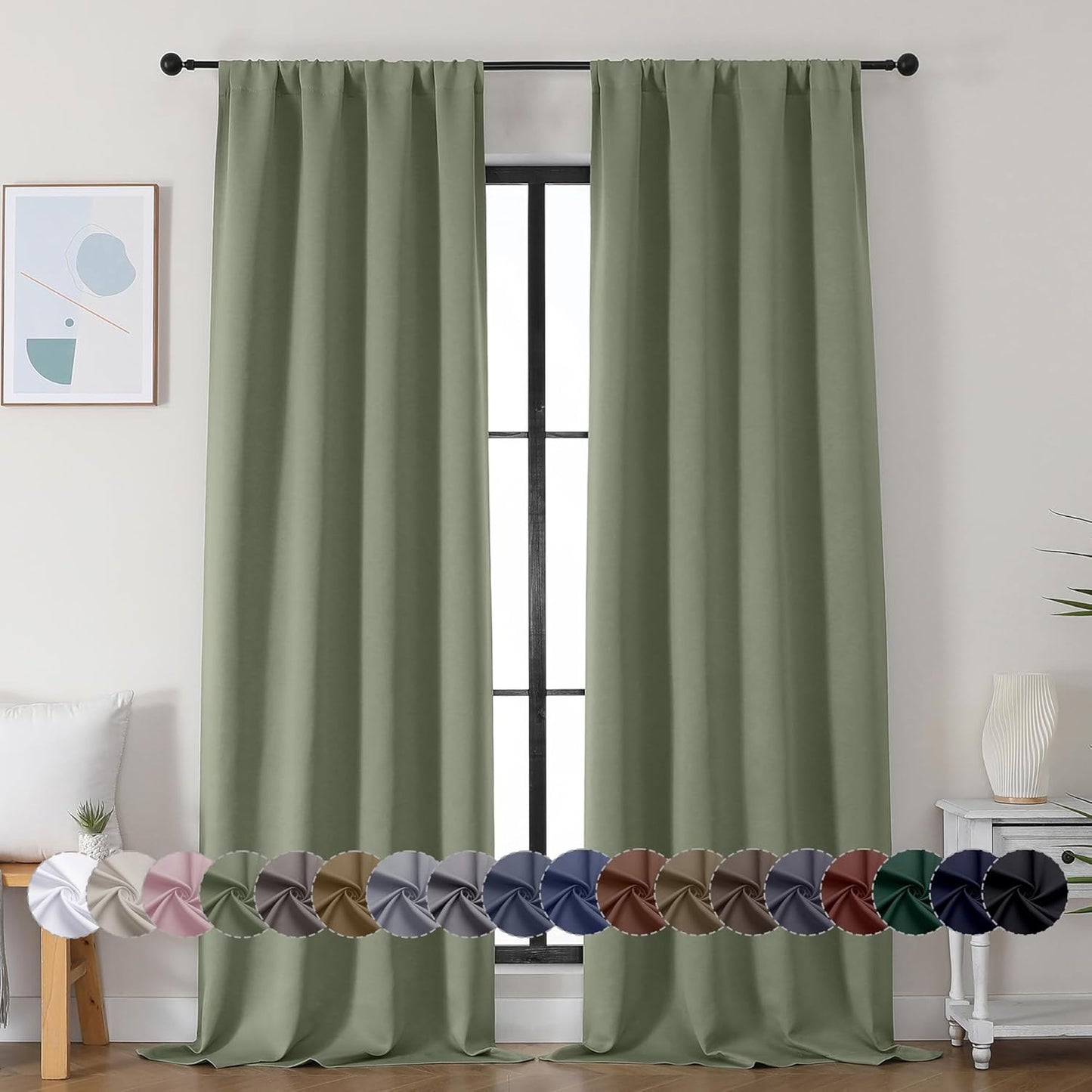 Simplebrand Ava Sage Green Blackout Curtains for Bedroom 90 Inches Long 2 Panels Set, Solid Privacy Energy Saving Living Room Window Treatment Curtains Blackout Drapes, W40 x L90 Inch, Sage Green