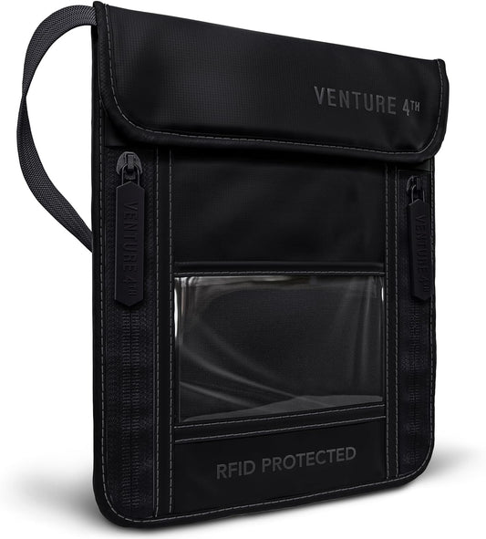 VENTURE 4TH Passport Holder Neck Wallet with RFID Blocking Nylon Lining - Hidden Neck Pouch for Travel (Sleek Black)