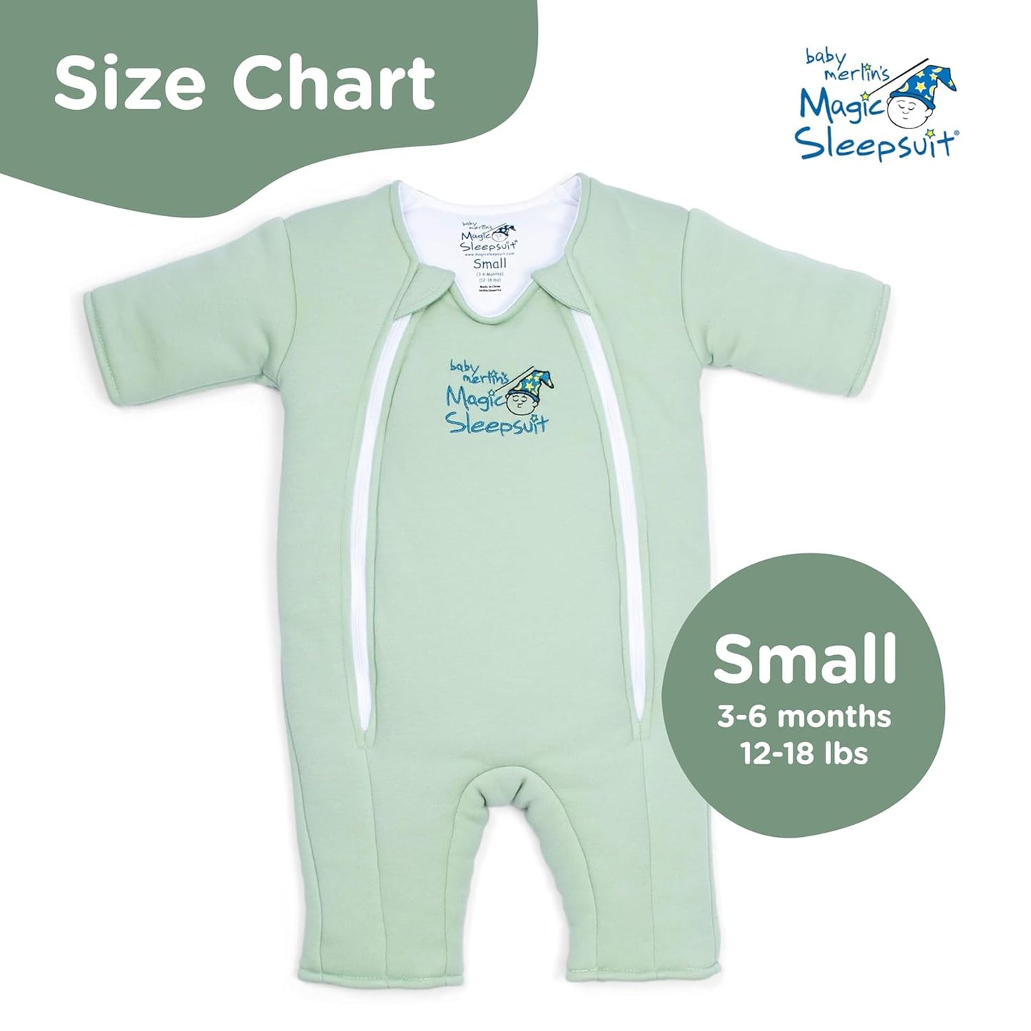 Magic Sleepsuit Baby Merlin's Cotton Baby Swaddle Transition Product - Soft and Cozy Design, Double Zipper for Easy Diaper Changes, Promotes Safe Sleep, 3-6 Months - Sage Green - Small 12-18lbs