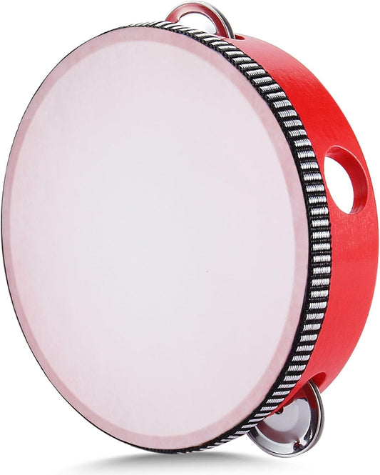 Flexzion Wooden Round Tambourine for Kids and Adults 6" Inch Single Row 8 Pair Jingles, Red Handheld Percussion Instrument for Beginner and Professional Tambourine Player