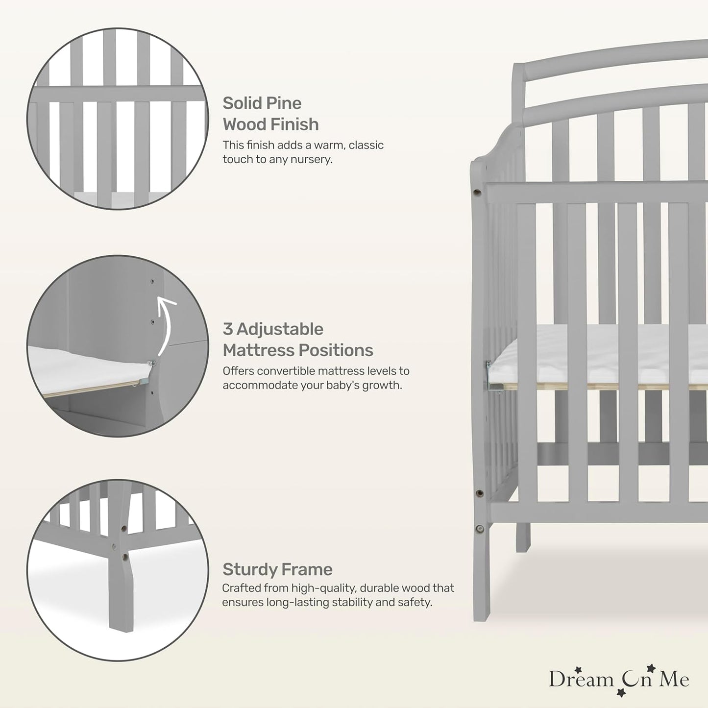 Dream On Me Casco 3-in-1 Mini Convertible Baby Crib & Changer with Storage, Pebble Grey, Pinewood, GreenGuard Gold & JPMA, 1” Mattress Pad, 3 Mattress Heights, Converts to Mini Day & Twin-Size Bed