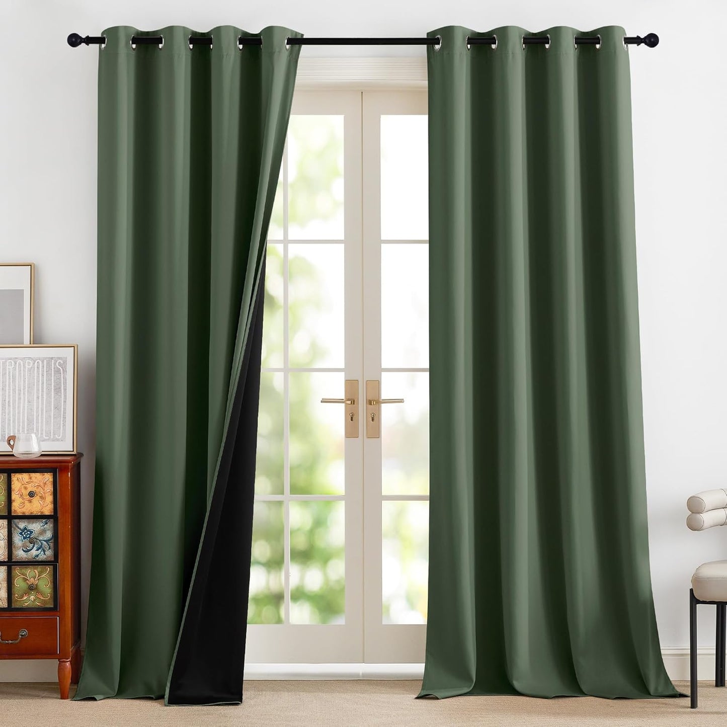 NICETOWN 100% Blackout Greyish Green Window Curtains 96 inches Long 2 Panels Set for Bedroom, Thermal Insulated Grommet Drapes, Room Darkening Curtain for Living Room(W52 x L96 Inch)