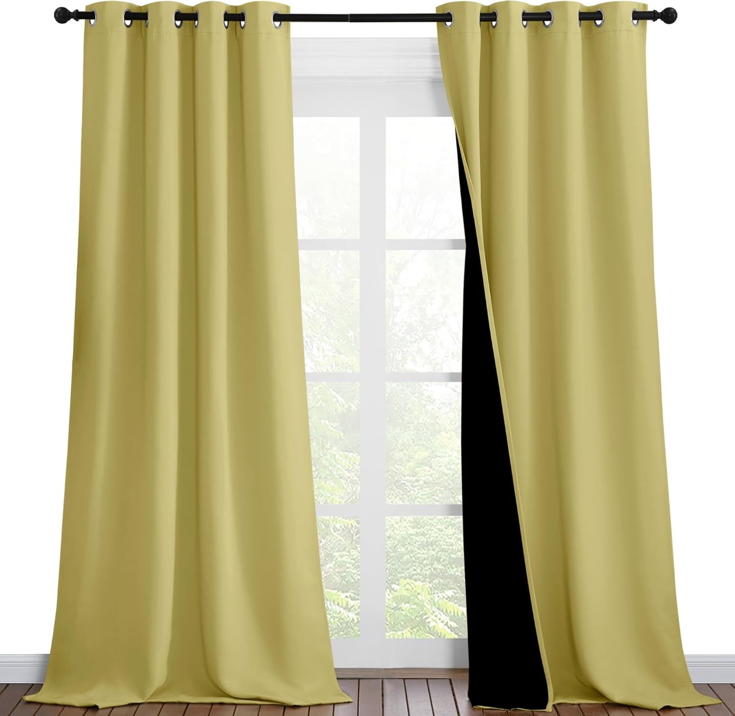 NICETOWN 100% Blackout Blinds, Set of 2, 46 inches x 102 inches, Laundry Room Decor Window Treatment Curtains for Large Patio Sliding Door, Thermal Insulated Paler Yellow Curtains for Bedroom