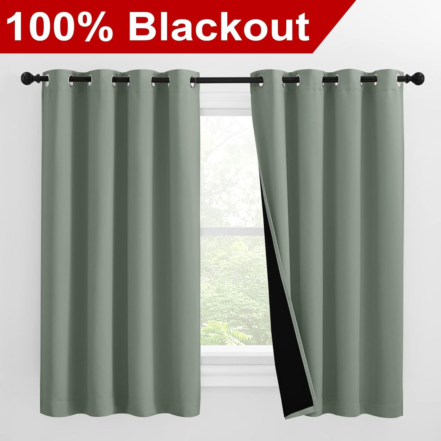 NICETOWN 100% Blackout Curtains 57 inches Long, Double-Deck Completely Blackout Window Treatment Thermal Insulated Lined Drapes for Small Window (Greyish Green, 1 Pair, 55 inches Width Each Panel)