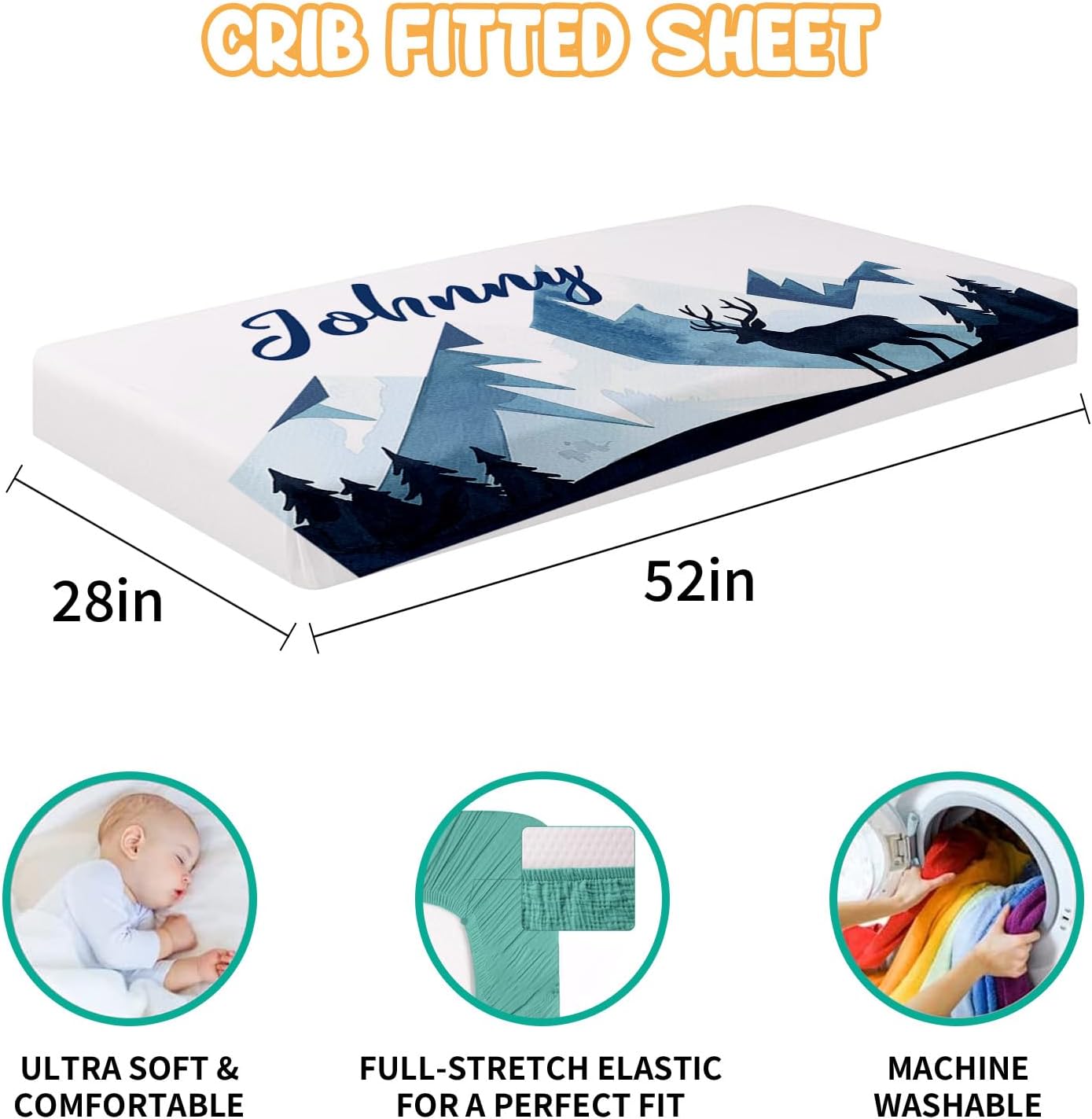 Custom Crib Bedding Set - Woodland Animals Design Personalized Name Baby Nursery Bed 3 Pcs Set - Chic Soft Blanket with Dotted Backing, Sheet, Pillowcase for Newborn Girls Boys Gifts Color10