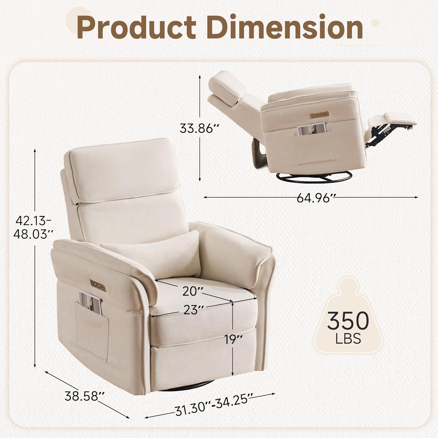 MELLCOM Power Recliner Rocking Chair Nursery Gliders with Adjustable Armrests and Headrest, Swivel Electric Glider Reclining Nursing Chair with USB Port and Storage Bags, FSC Certified