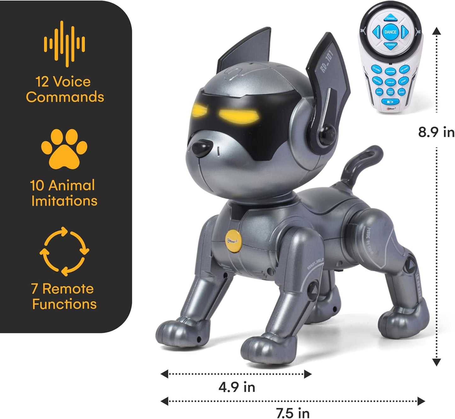 Top Race Robot Dog Toy - Interactive Fun and Educational STEM Remote Control Robot Toy for Kids - Dances, Sits, Stands, Barks, Walks - Rechargeable - Plastic Pet Robot - Dark Grey