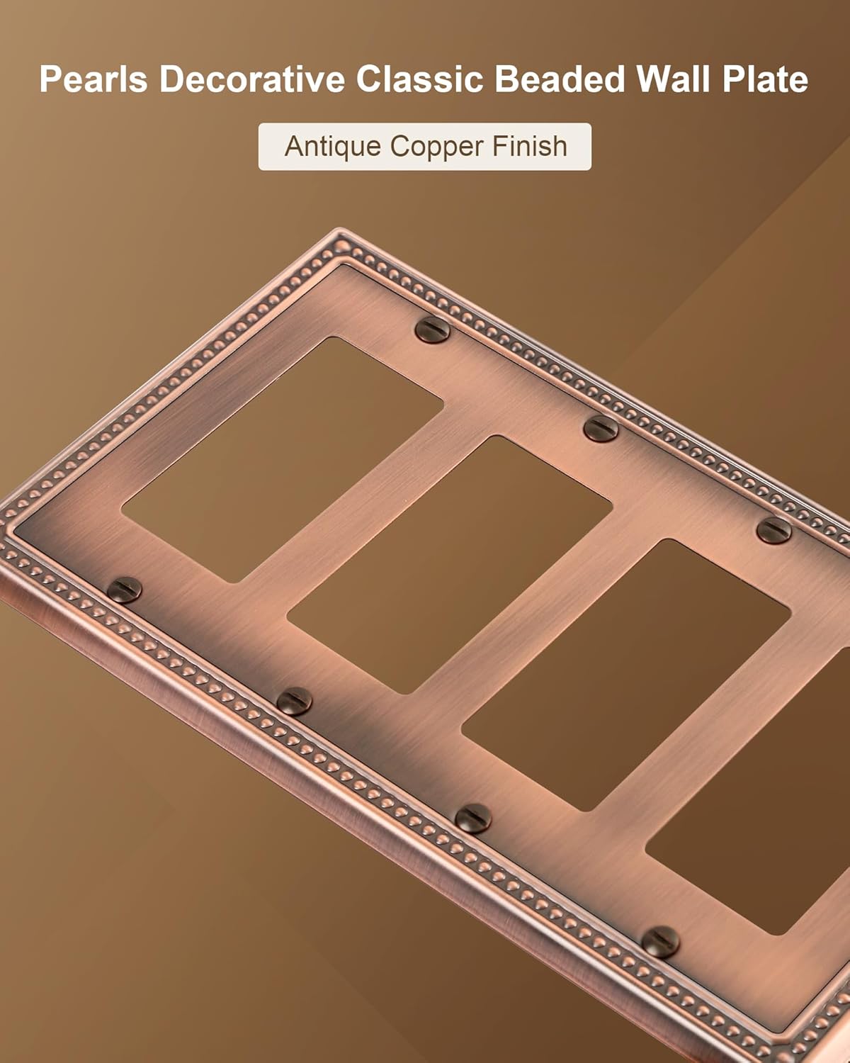 2-Pack Quad Decorator Outlet Cover Plate, Antique Copper Pearls Decorative Switch Plates and Outlet Covers, Metal Wall Plates for Electrical Outlets, Receptacle, GFCI Outlet, Dimmer Switch