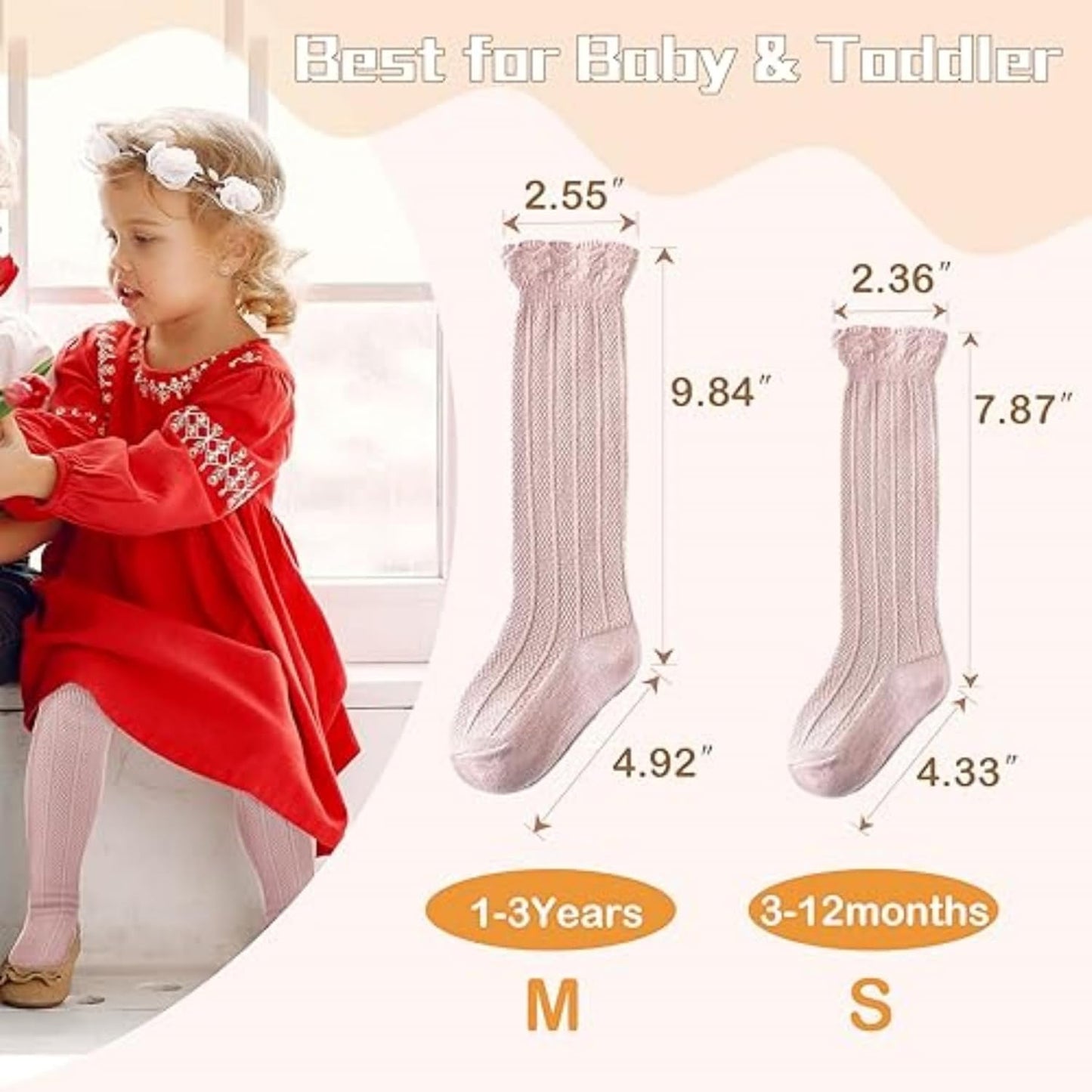 Zando Baby Knee High Socks - Infant to Toddler, Cotton Ruffle Socks, Warm Girls & Boys Long Stockings, 3-6 Pairs