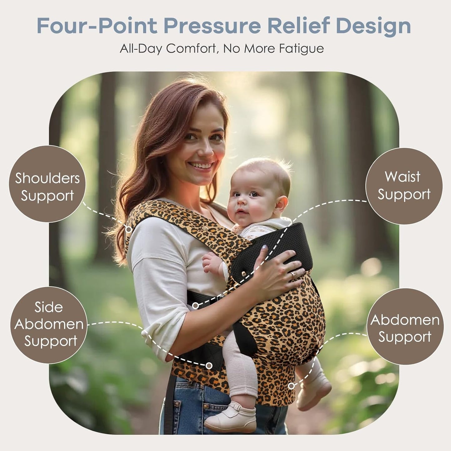Baby Carrier with Lumbar Support, Cozy Baby Carrier Newborn to Toddler with Adjustable Seat Size, Ergonomic Infant Carrier with 3-Way Carry, Front Facing Toddler Hodler Carrier for Mom & Dad, Leopard