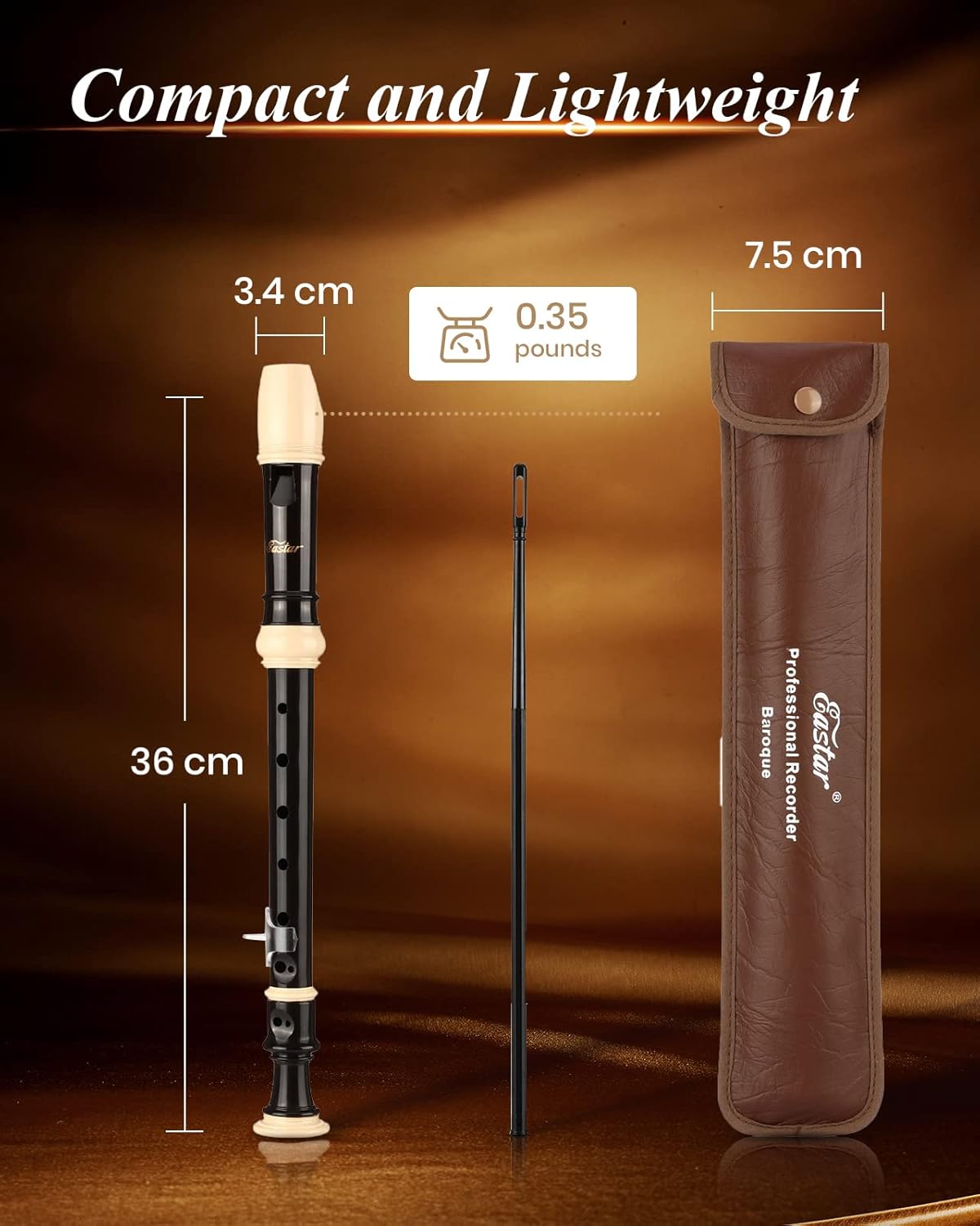 Eastar Soprano Recorder for Beginners Kids, Baroque style C Key Recorder Instrument ABS Classic 3 Piece with Cleaning Kit, Thumb Rest, Leather Bag, Fingering Chart, Brown, ERS-21BB