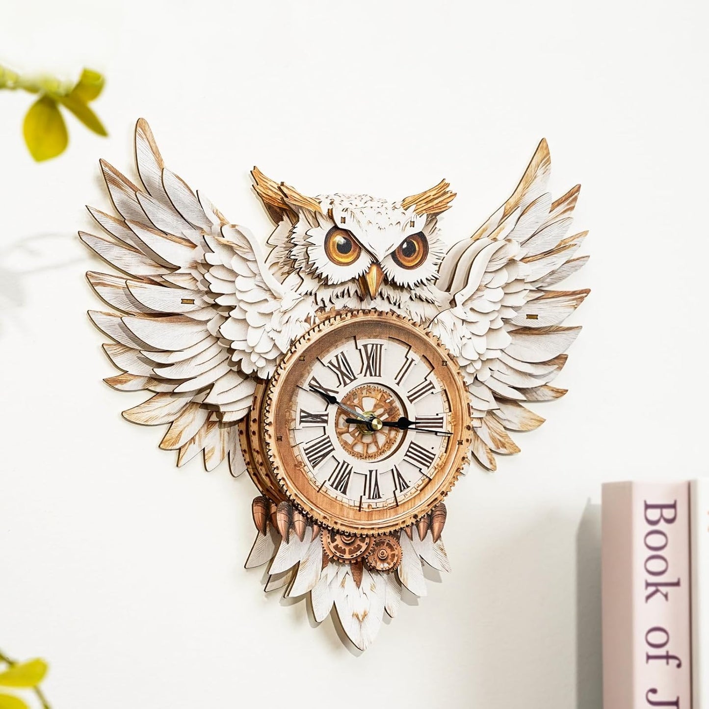 3D Puzzles for Adults Clock-Snowy Owl Design Model Kit-Mechanical DIY Pendulum Clock with Roman Numerals-Desk Home Office Decor Personalized Gift for DIY Lovers
