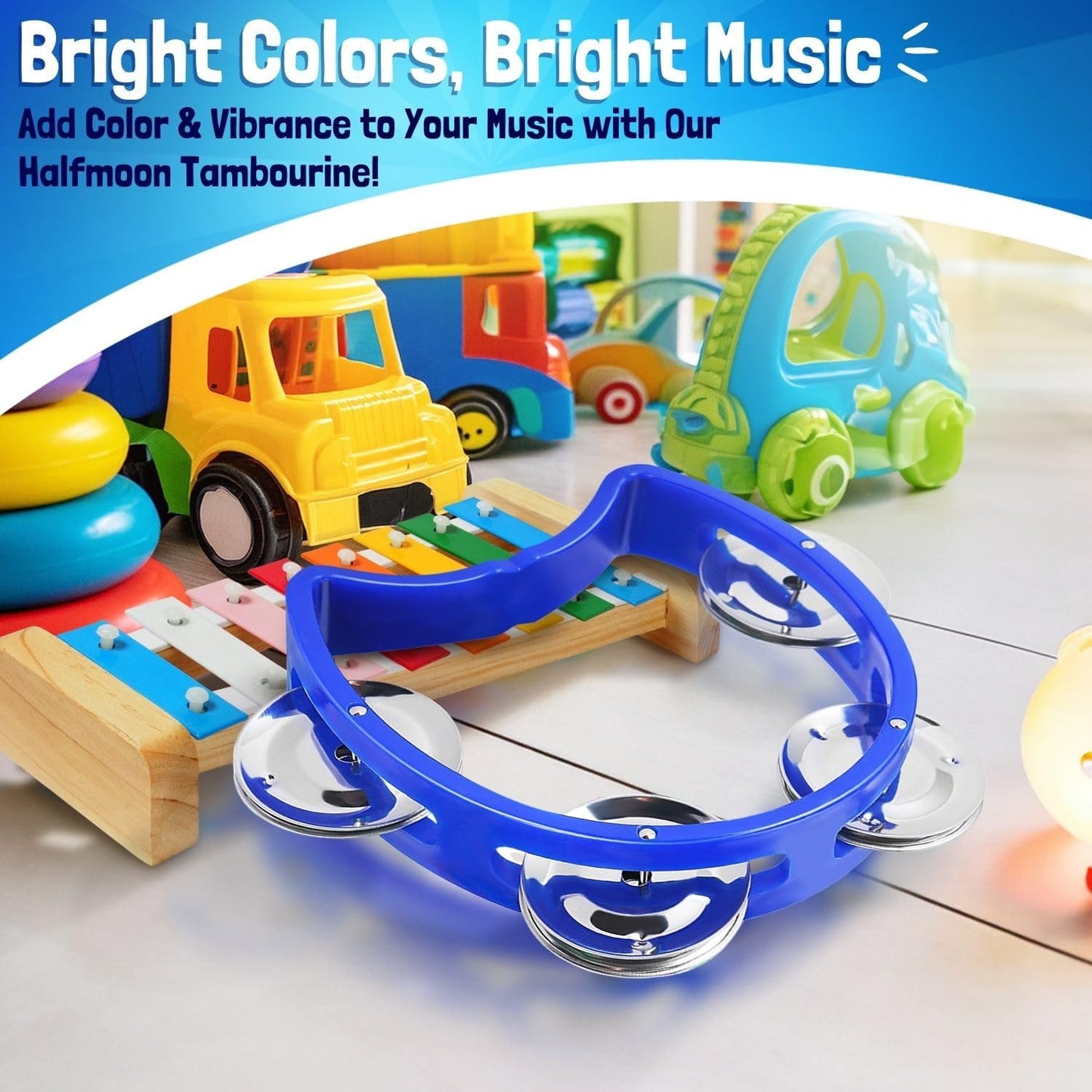 Flexzion Tambourine Hand Bell Percussion Musical Instruments (Blue, 2 Pack), Plastic Music Instrument Half Moon Mini D Handheld Shaker, Jingle Bells