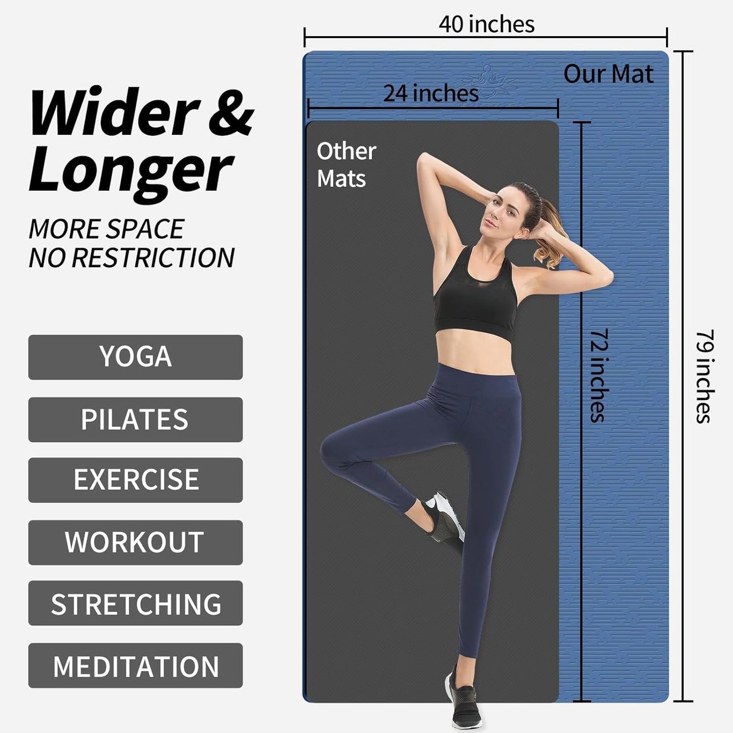 Hatha Yoga Extra Long TPE Yoga Mat 79" x 40” x 1/2" Thick Non-slip Exercise Mat for Home Gym Use, Yoga, Pilates, Fitness & Workouts