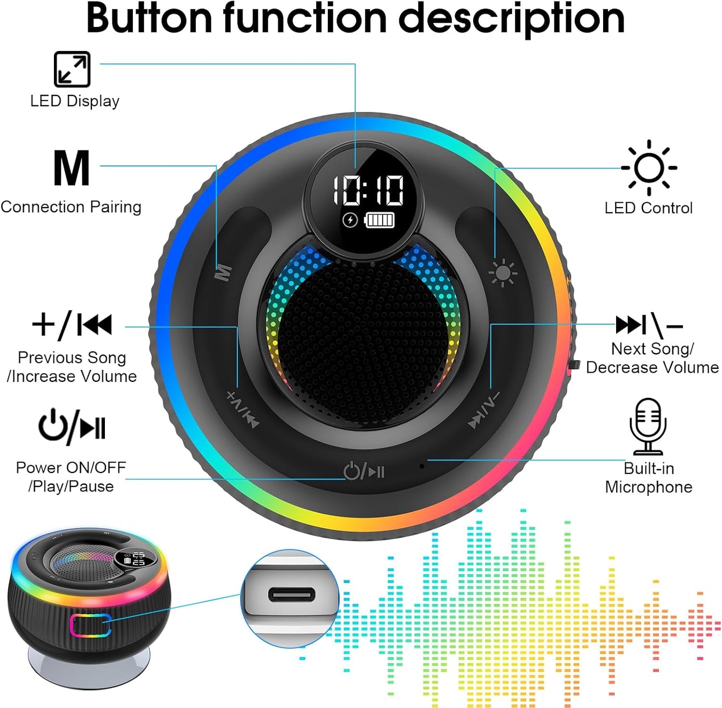 Bluetooth Speaker, HD Stereo Sound Shower Speaker, IPX7 Waterproof, Digital Display Portable with Suction Cup, LED Light, Small Wireless for Outdoor Party Beach Bathroom, Blue