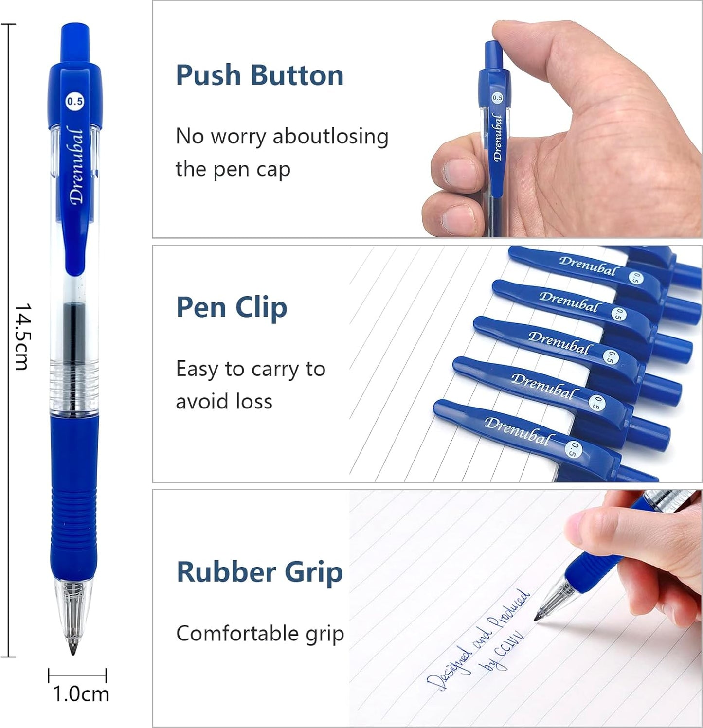 Blue Ballpoint Pens for School Office with Rubber Grip，Fine(0.5mm) Point Retractable-Set of 12 Writing Pens