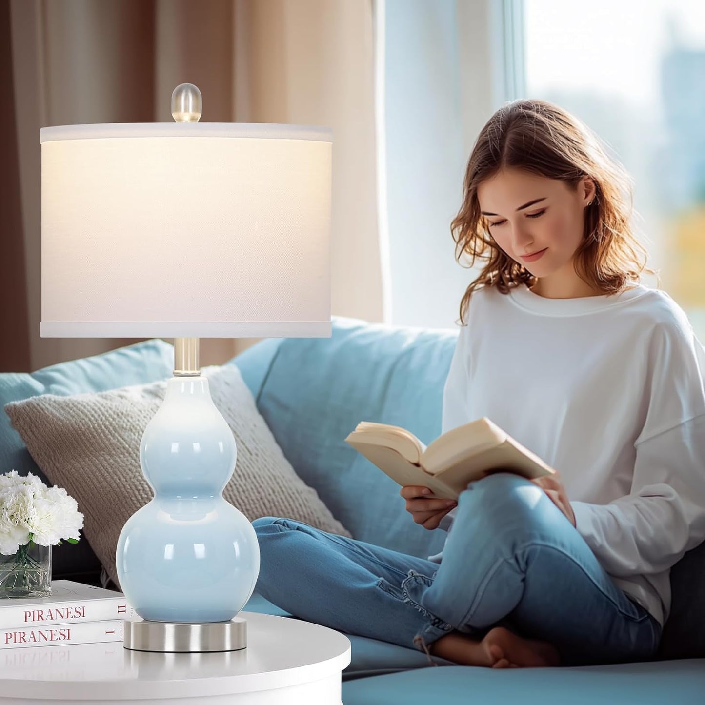 22" Double Gourd Ceramic Table Lamps Set of 2, Blue Modern Bedside Lamps for Living Room, Contemporary Nightstand Desk Lamps for Bedroom End Table Home Office Study Room Decor(2 LED Bulbs Included)