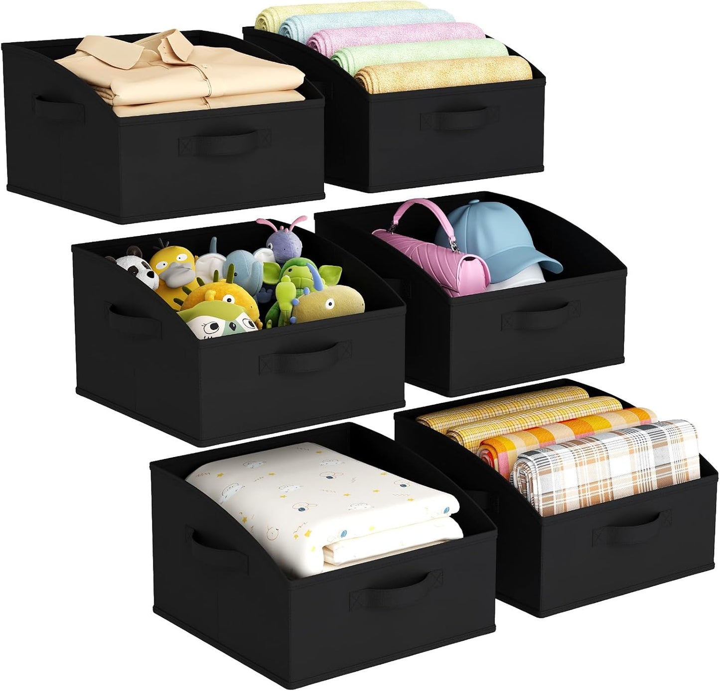 Lifewit Storage Baskets for Shelves, 6 Packs Non-woven Fabric Trapezoid Closet Organizer Bins with Handles, Foldable Clothing Containers Box for Clothes, Toy, Towel, Book, DVD, Hats, Small-Black