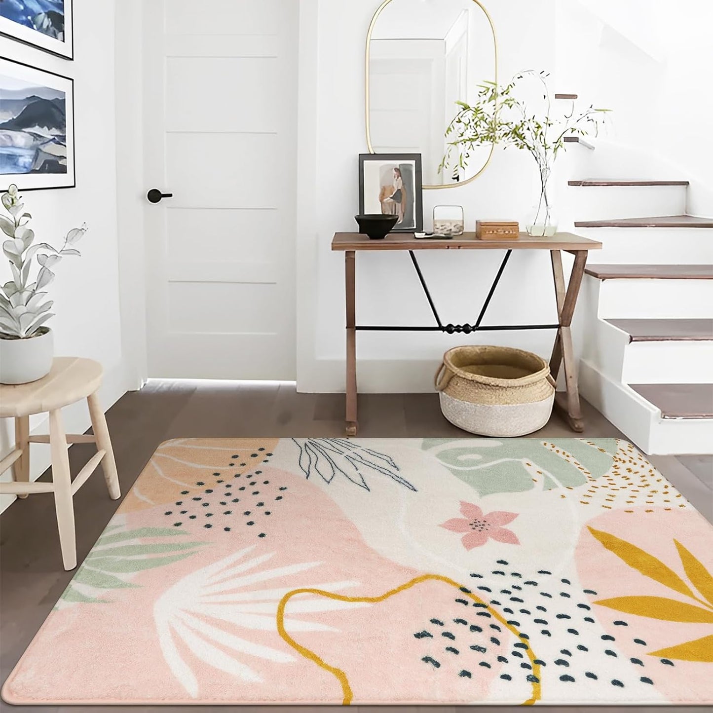 Lahome Pink Rug for Living Room - 5x7 Area Rug Washable Non-Slip Boho Rugs for Bedroom Throw Cute Soft Kids Nursery Rug, Abstract Botanical Print Carpet for Classroom Dorm Entryway Office Dining Room