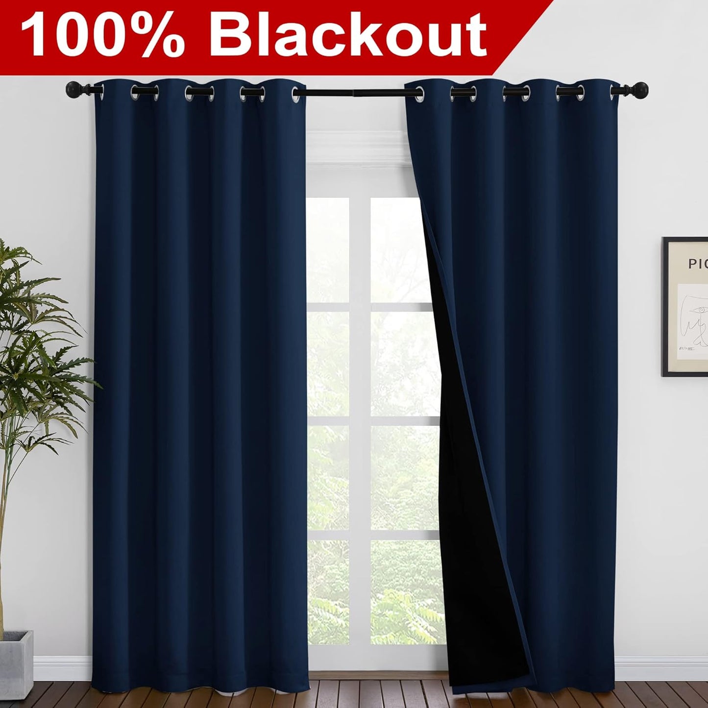 NICETOWN 100% Blackout Curtain Set, Thermal Insulated & Energy Efficiency Window Draperies for Guest Room, Full Shading Panels for Shift Worker and Light Sleepers, Navy Blue, 55W x 86L, 2 PCs