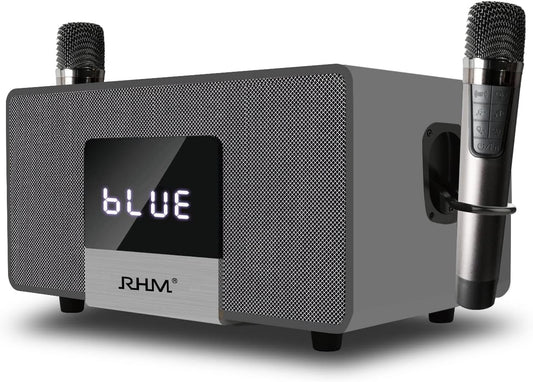 RHM K222 Karaoke Machine, with 2 Wireless Microphones & 5 Music Modes, Support Optical/Bluetooth/AUX/USB/PC, Wooden Bluetooth Speaker for TV/Home/Meeting/Karaoke/Party, Great for Music Lovers