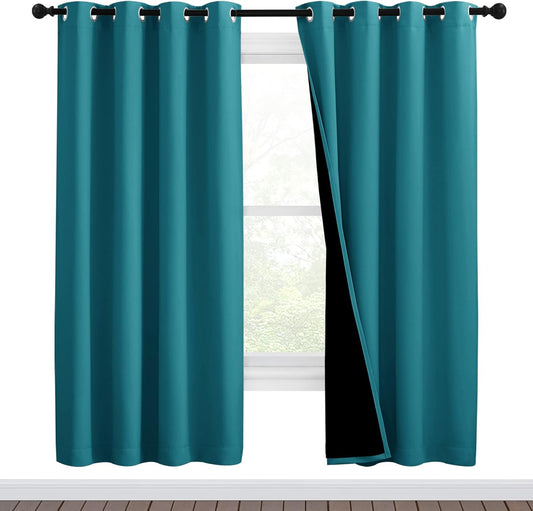 NICETOWN 100% Blackout Window Curtain Panels, Full Light Blocking Drapes with Black Liner for Nursery, 72-inch Drop Thermal Insulated Draperies (Peacock Teal, 2 Pieces, 46-inch Wide Per Panel)