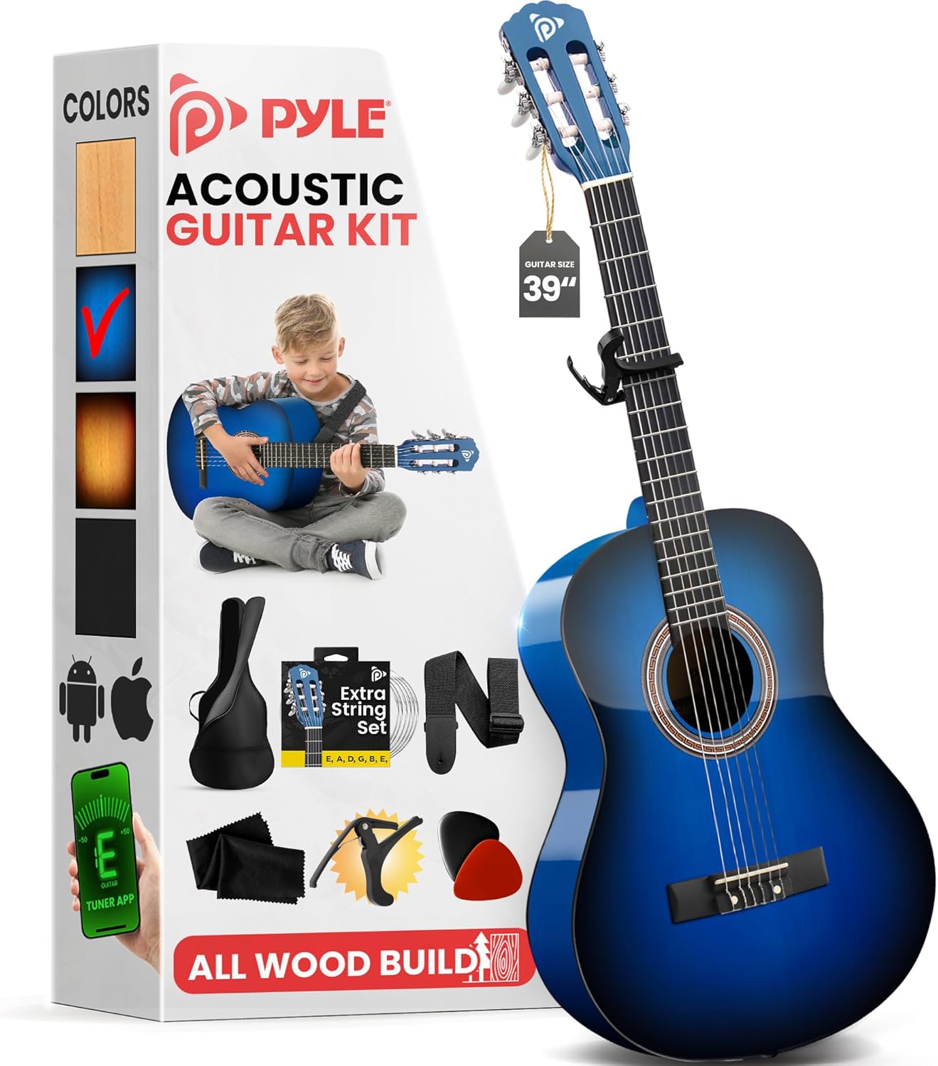 Pyle Beginner Acoustic Guitar Kit, 4/4 Full Size All Wood Build Nylon String Instrument with Capo, Strap, Extra String Set, Gig Bag, Guitars for Beginners Adults Youth, 39" Blue Burst Gloss
