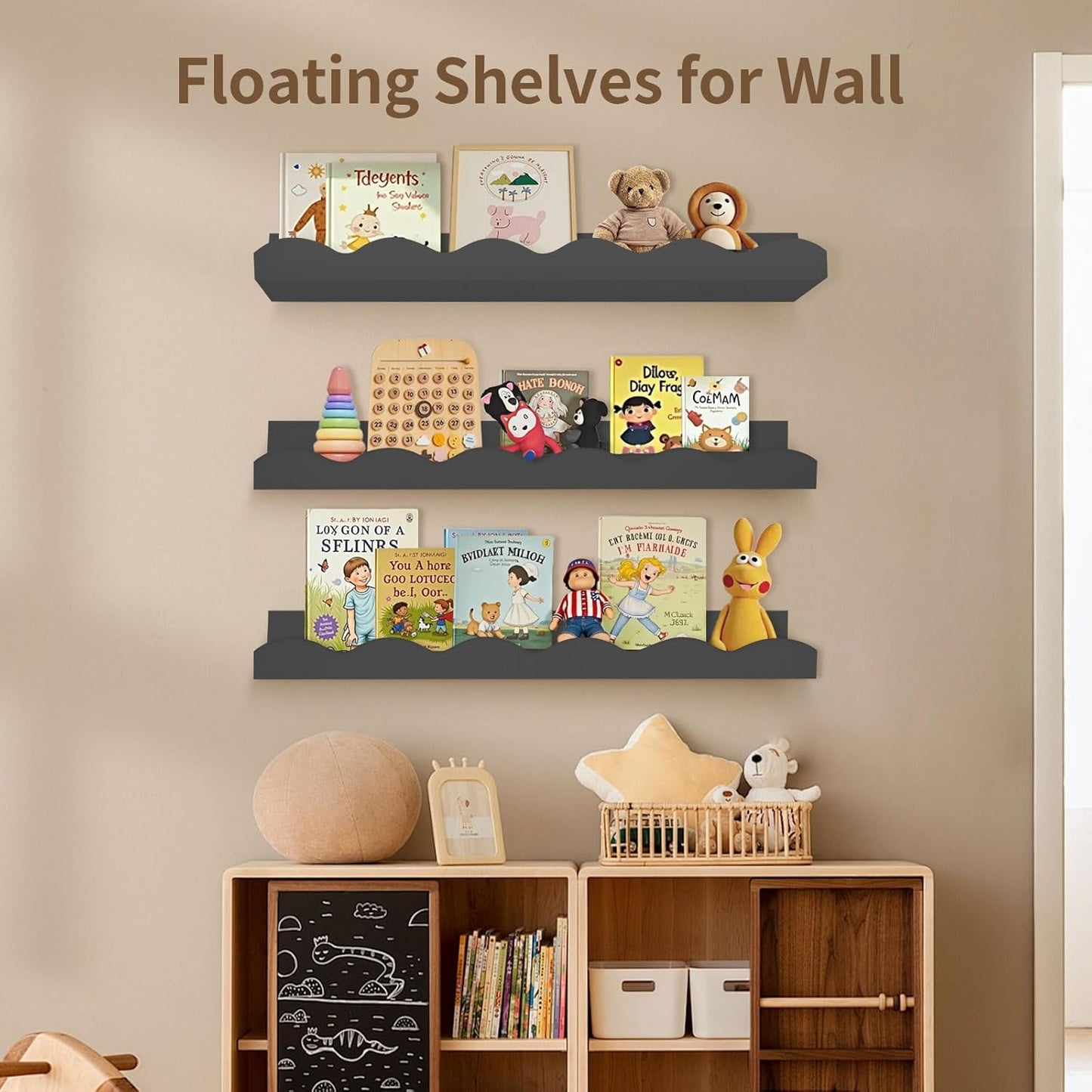 Nursery Book Shelves, 4 Pack Black Floating Shelves for Wall, Wood Scalloped Shelves for Storage Books, Wall Book Shelf for Kids Rooms, Bedroom, Toddler Room, Baby Room, Nursery Decor
