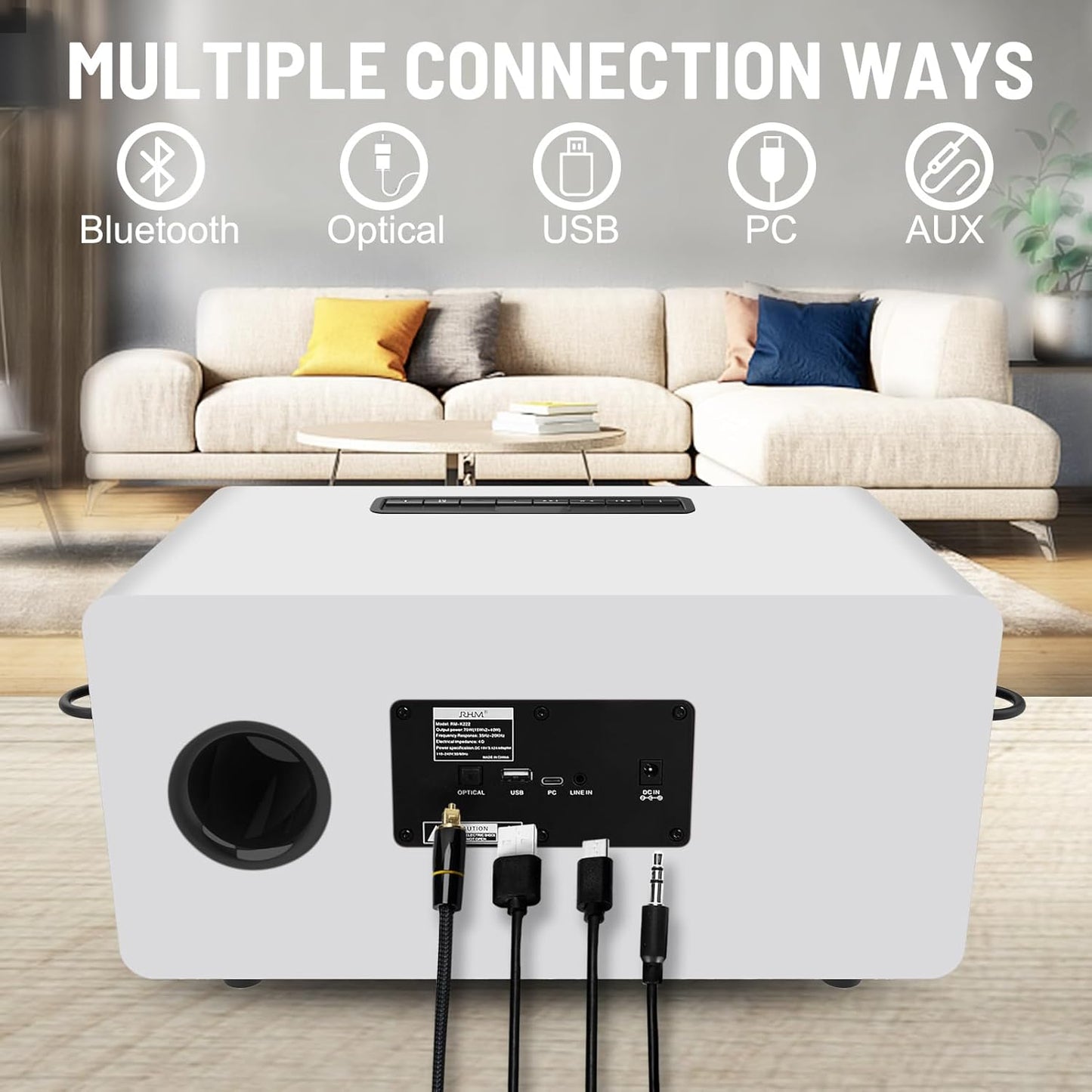 RHM K222 Karaoke Machine, Bluetooth Speaker with 2 UHF Wireless Microphones, 5 Music Modes, Support Optical, Bluetooth, AUX, USB, PC, Wooden Party Speaker for TV, Home Party, Karaoke, Meeting