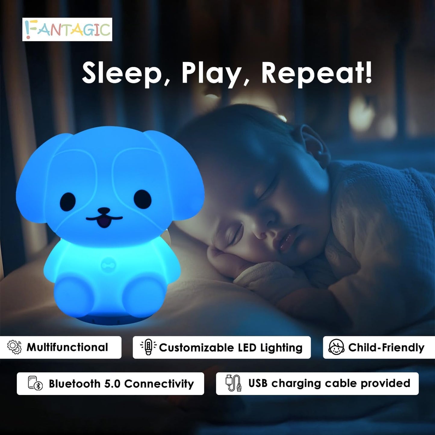 Combined Bluetooth Speaker & Nightlight With 9 Color Emissions, Child Friendly Silicone & BPA Free, USB Recharging, Receives Audio From Computer, Phone Or Tablet, and includes Remote Control (Dog)