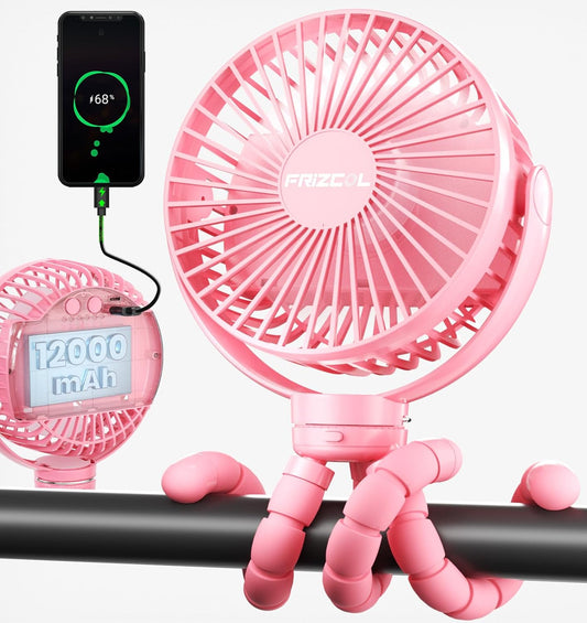 FRIZCOL 12000mAh Portable Stroller Fan, Use As Power Bank, 65H Battery Operated Fan Flexible Tripod Clip On Fans, Detachable Personal Handheld Baby Fans for Stroller, Car seat, Desk, Treadmill（Pink）
