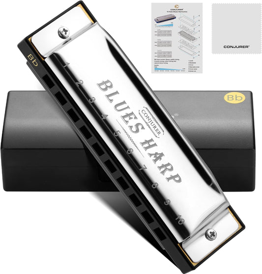 CONJURER Blues Harmonica for Beginners, 10 Hole Bb Key Diatonic Blues Harp with Stainless Steel Cover & Phosphor Bronze Reeds, Professional Grade for Adults, Gifts (Silver Bb）